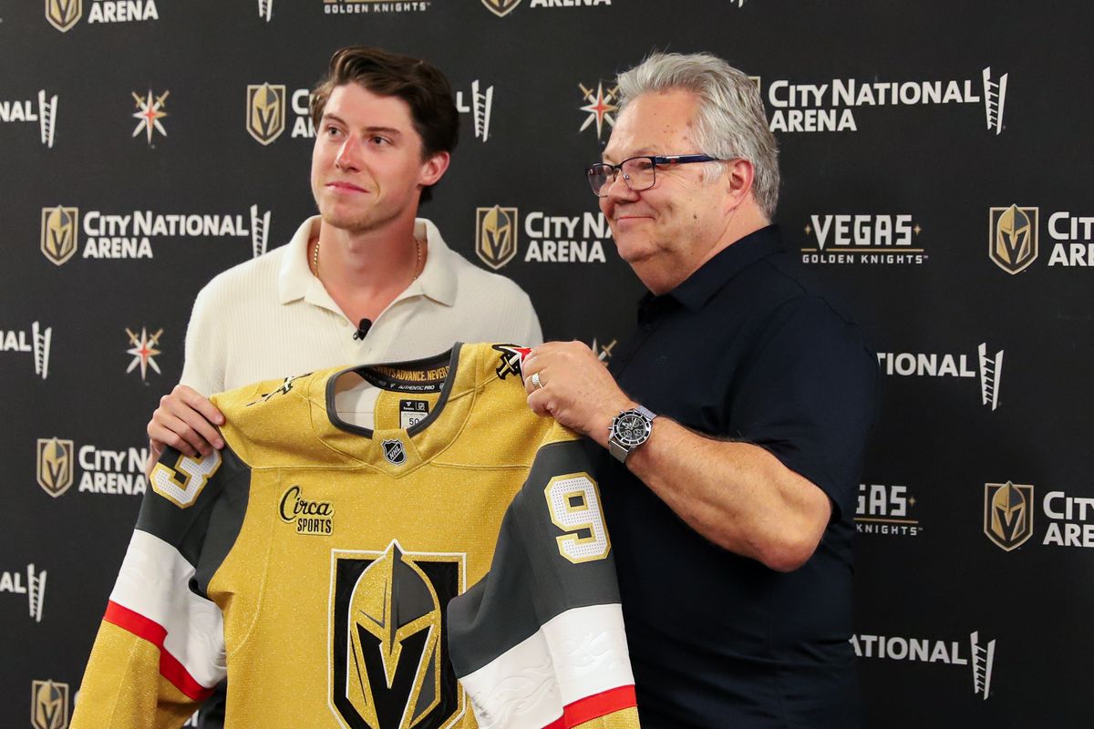Mitch Marner (left) and Vegas Golden Knights general manager Kelly McCrimmon (right) pose for a photo at a press conference on Tuesday July 1, 2025 in Las Vegas. Mitch Marner (left) and Vegas Golden Knights general manager Kelly McCrimmon (right) pose for a photo at a press conference on Tuesday July 1, 2025 in Las Vegas.