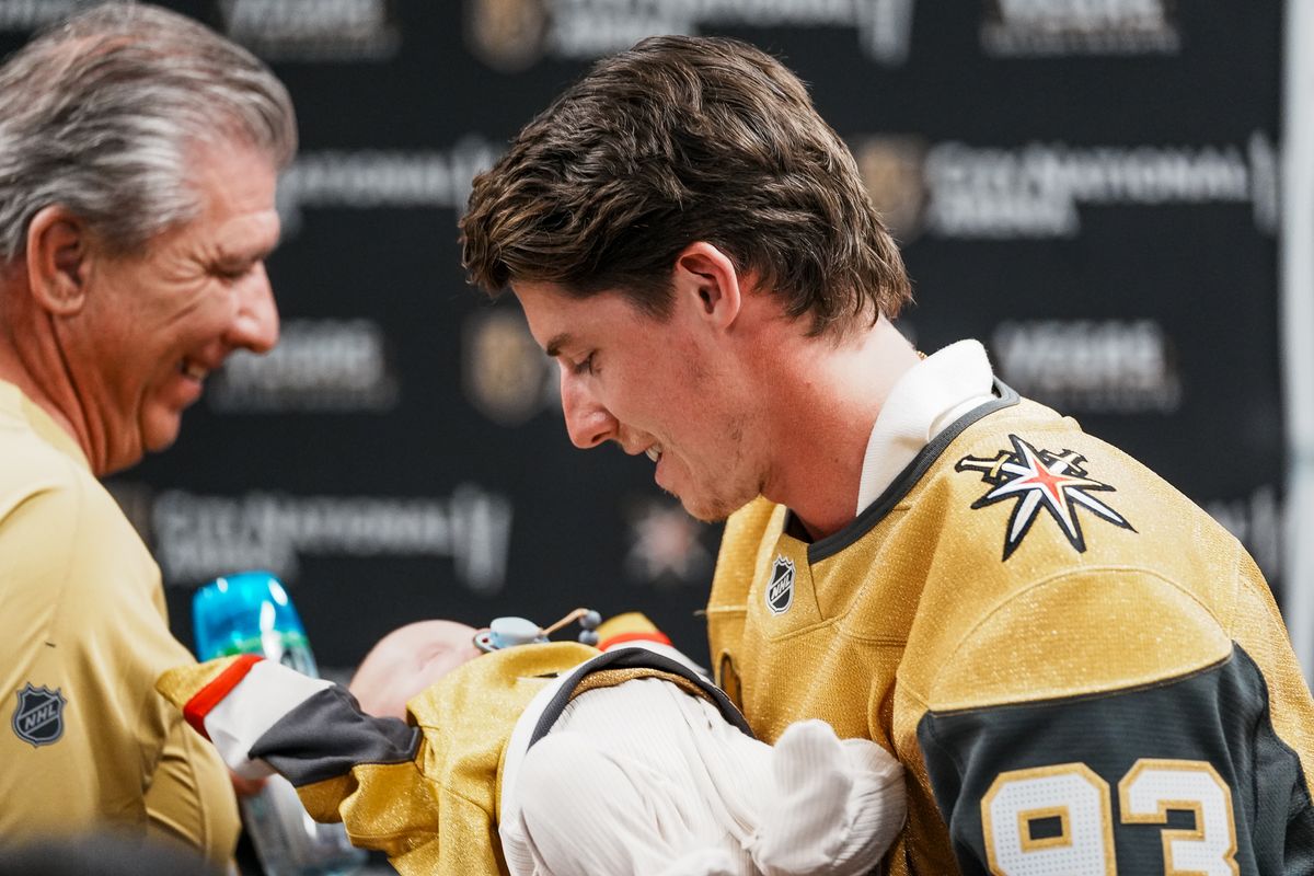 Mitch Marner holds his son following press conference on Tuesday July 1, 2025 in Las Vegas. Mitch Marner holds his son following press conference on Tuesday July 1, 2025 in Las Vegas.