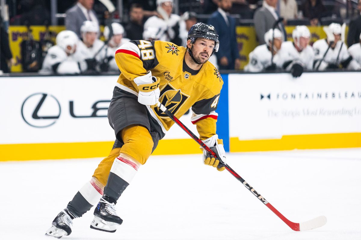 Las Vegas Golden Knights forward Tomas Hertl (48) looks for the puck during a preseason NHL game between the Las Vegas Golden Knights and the Los Angeles Kings, Tuesday September 23, 2025 in Las Vegas, Nev.
