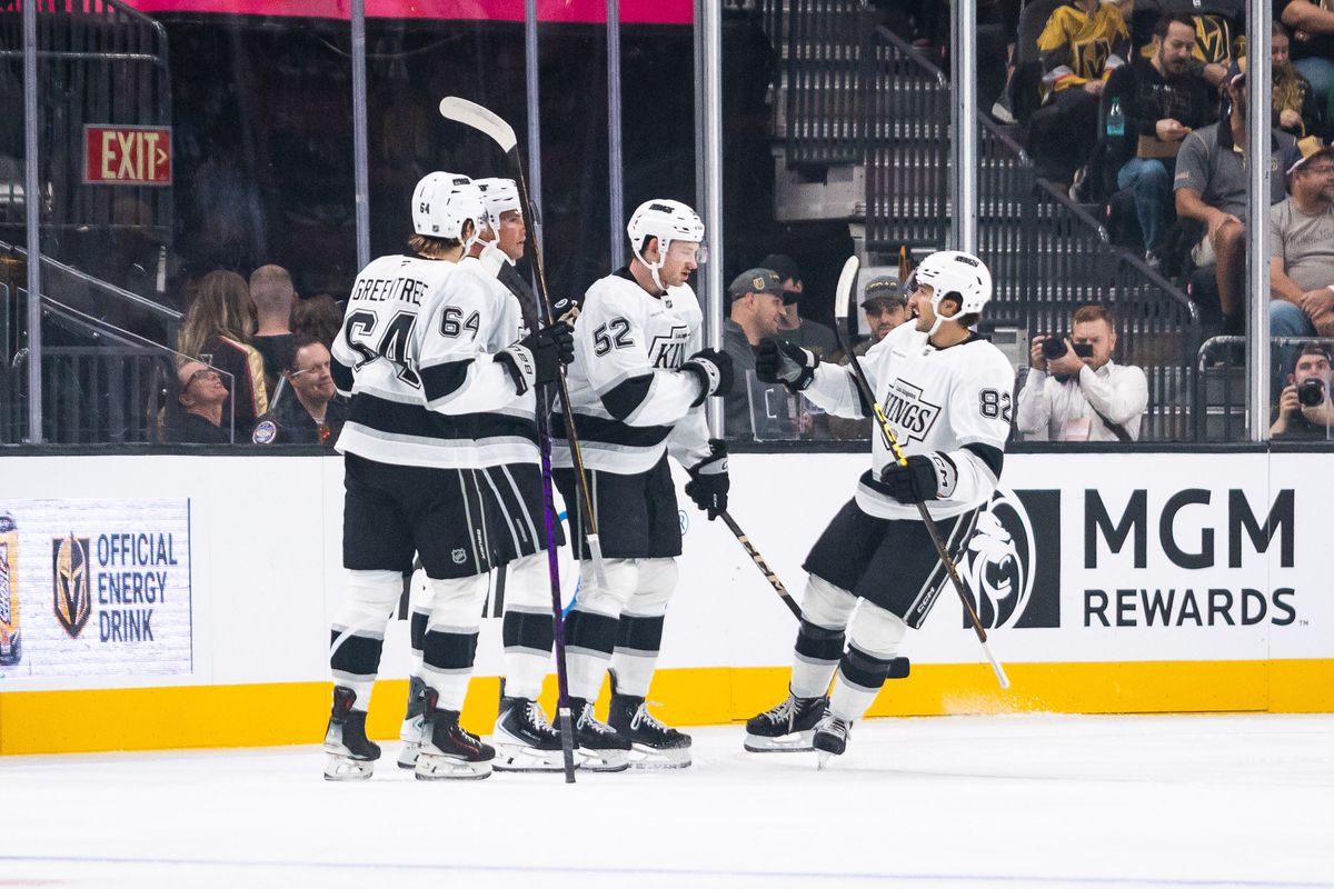 Los Angeles Kings celebrate after scoring during a preseason NHL game between the Las Vegas Golden Knights and the Los Angeles Kings, Tuesday September 23, 2025 in Las Vegas, Nev.