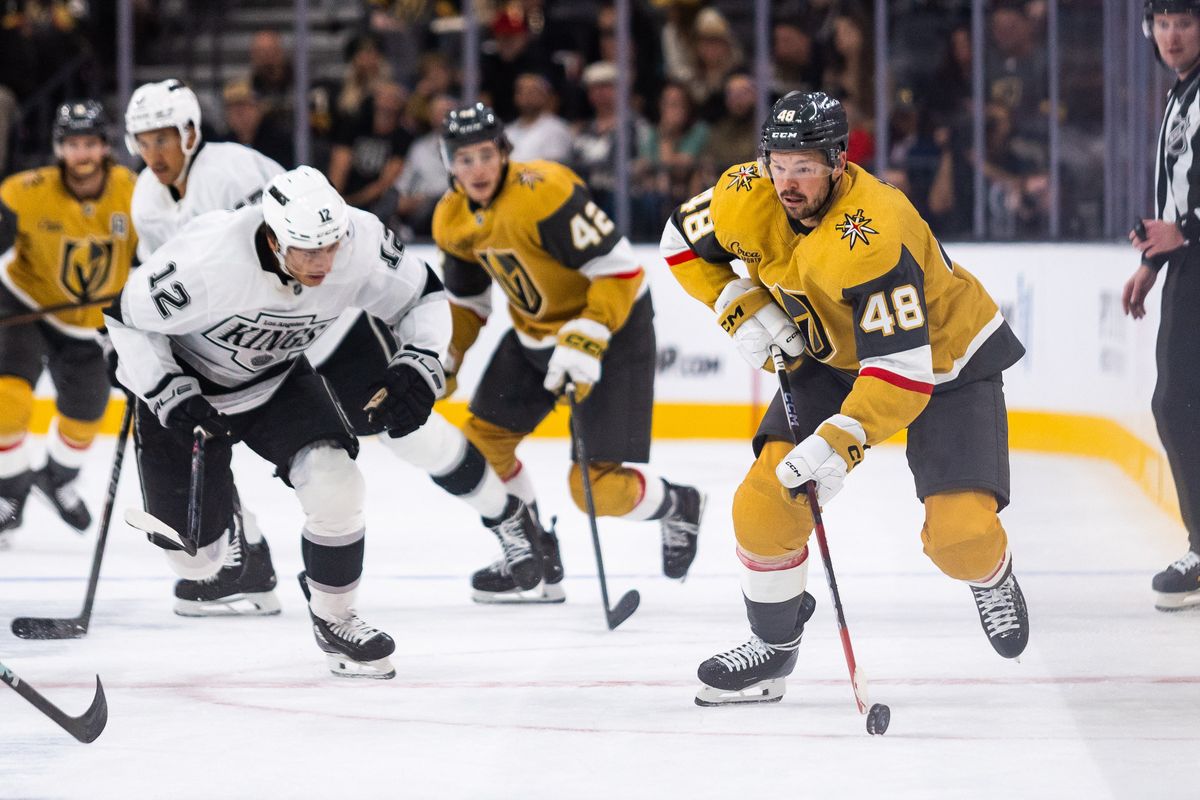 Las Vegas Golden Knights forward Tomas Hertl (48) skates the puck up center ice during a preseason NHL game between the Las Vegas Golden Knights and the Los Angeles Kings, Tuesday September 23, 2025 in Las Vegas, Nev.