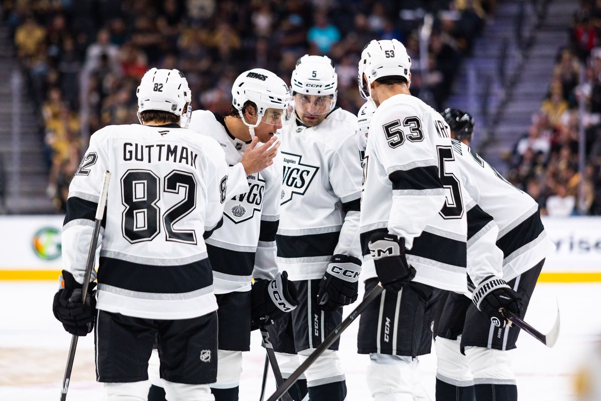Los Angeles Kings huddle and discuss before a face-off during a preseason NHL game between the Las Vegas Golden Knights and the Los Angeles Kings, Tuesday September 23, 2025 in Las Vegas, Nev.