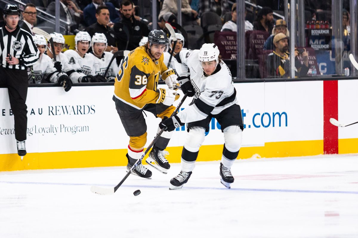 Las Vegas Golden Knights forward Raphael Lavoie (36) chases after Los Angeles Kings forward Francesco Pinelli (73) during a preseason NHL game between the Las Vegas Golden Knights and the Los Angeles Kings, Tuesday September 23, 2025 in Las Vegas, Nev.
