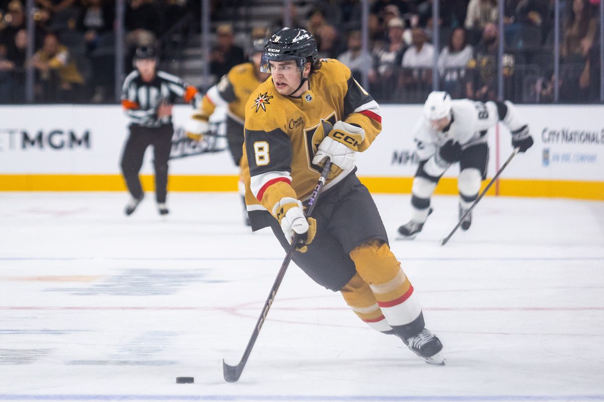 Las Vegas Golden Knights forward Mathieu Cataford (8) skates the puck into the offensive zone during a preseason NHL game between the Las Vegas Golden Knights and the Los Angeles Kings, Tuesday September 23, 2025 in Las Vegas, Nev.