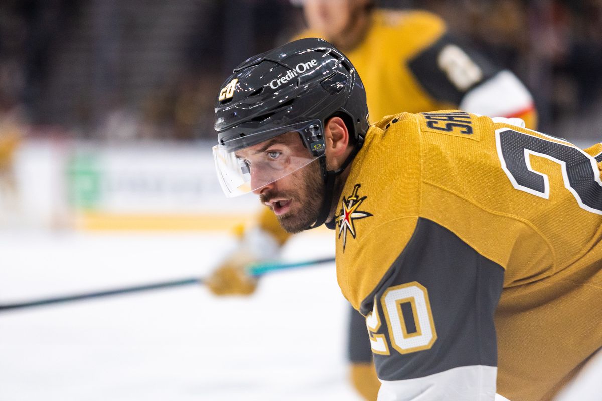 Las Vegas Golden Knights forward Brandon Saad (20) looks for the puck to drop in a face-off during a preseason NHL game between the Las Vegas Golden Knights and the Los Angeles Kings, Tuesday September 23, 2025 in Las Vegas, Nev.