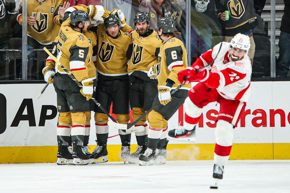 Detroit Red Wings C Dylan Larkin (71) is seen shooting the puck after a Vegas Golden Knights goal during an NHL game on Tuesday November 4, 2025, in Las Vegas, Nevada. 