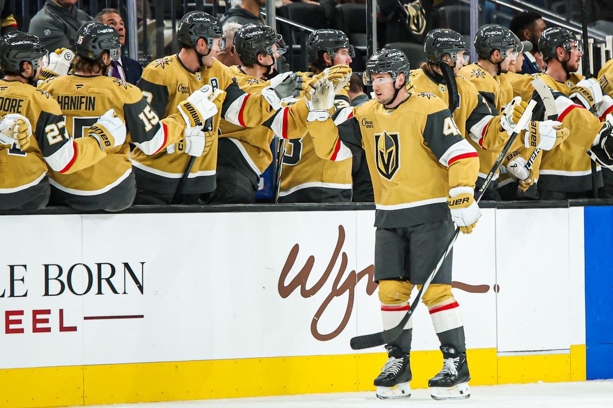 Vegas Golden Knights F Ivan Barbashev (49) skates past his bench after scoring a goal against the Detroit Red Wings on Tuesday November 4, 2025, in Las Vegas, Nevada. 