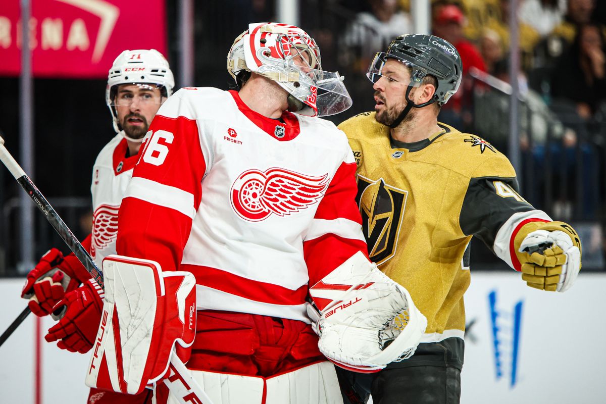 Detroit Red Wings G John Gibson (36) talks with Vegas Golden Knights F Tomas Hertl (48) after making a save against him during an NHL game on Tuesday November 4, 2025, in Las Vegas, Nevada. 