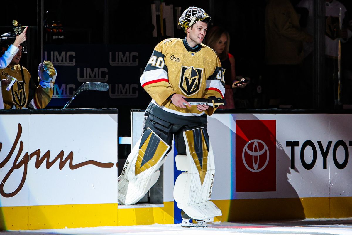 Vegas Golden Knights G Akira Schmid (40) earns the first star of the game after shutting out the Detroit Red Wings on Tuesday November 4, 2025, in Las Vegas, Nevada. 