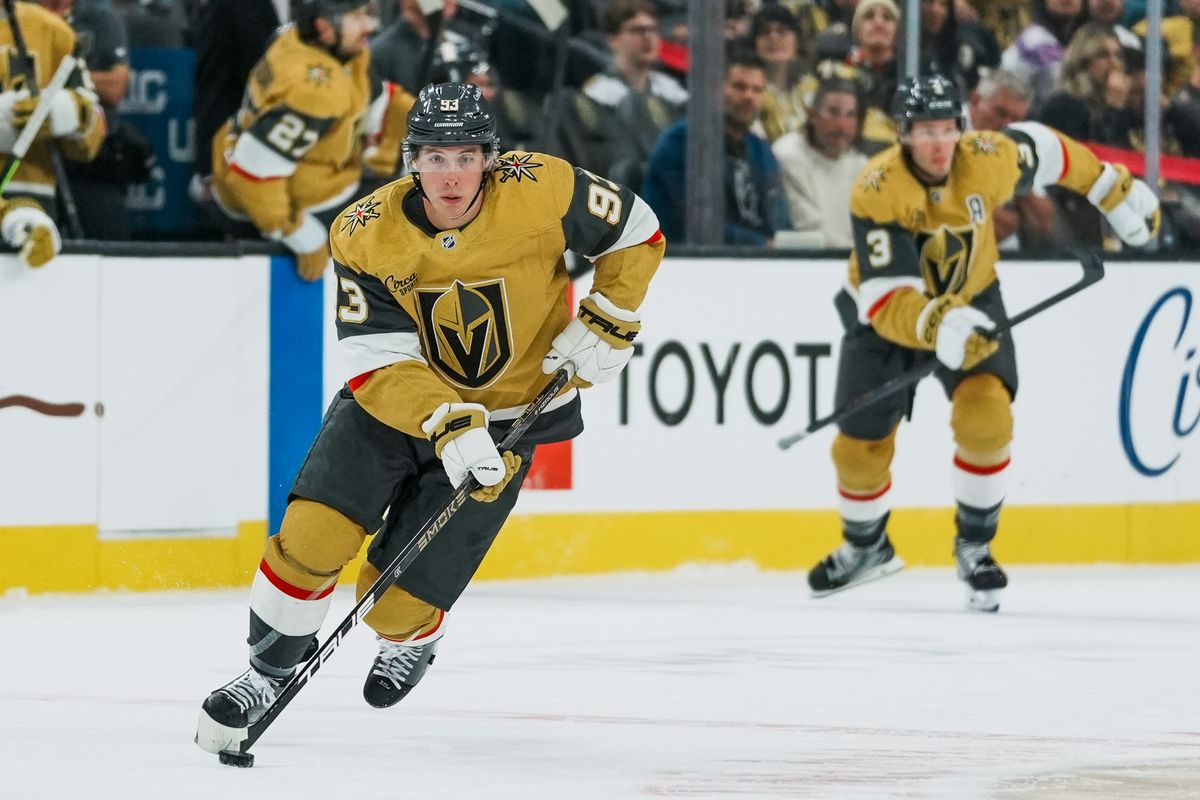 Vegas Golden Knights right wing Mitch Marner (93) skates the puck down the ice during first period of NHL game against Tampa Bay Lightning on Tuesday, Nov. 6, 2025 at T-Mobile Arena in Las Vegas.