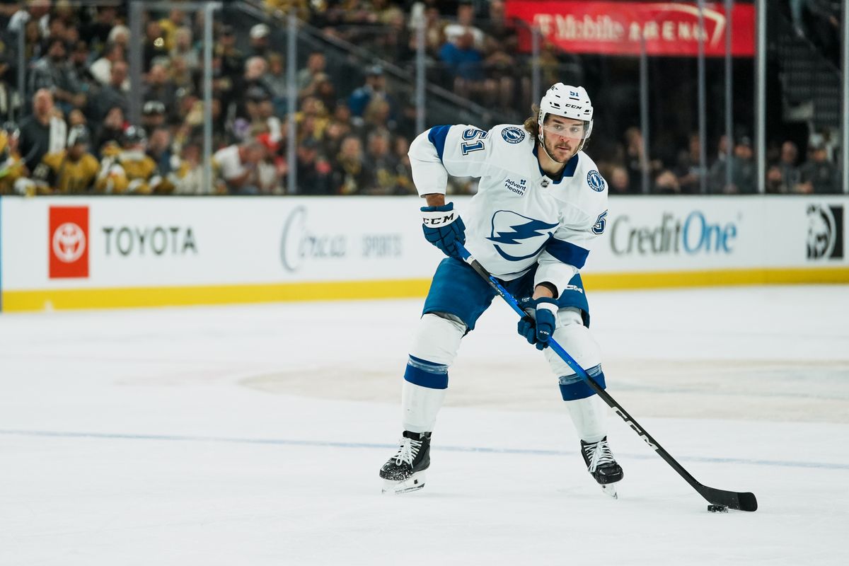 Tampa Bay Lightning defenseman Charle-Edouard D’Astous (51) scans the ice during second period of NHL game against Vegas Golden Knights on Tuesday, Nov. 6, 2025 at T-Mobile Arena in Las Vegas.