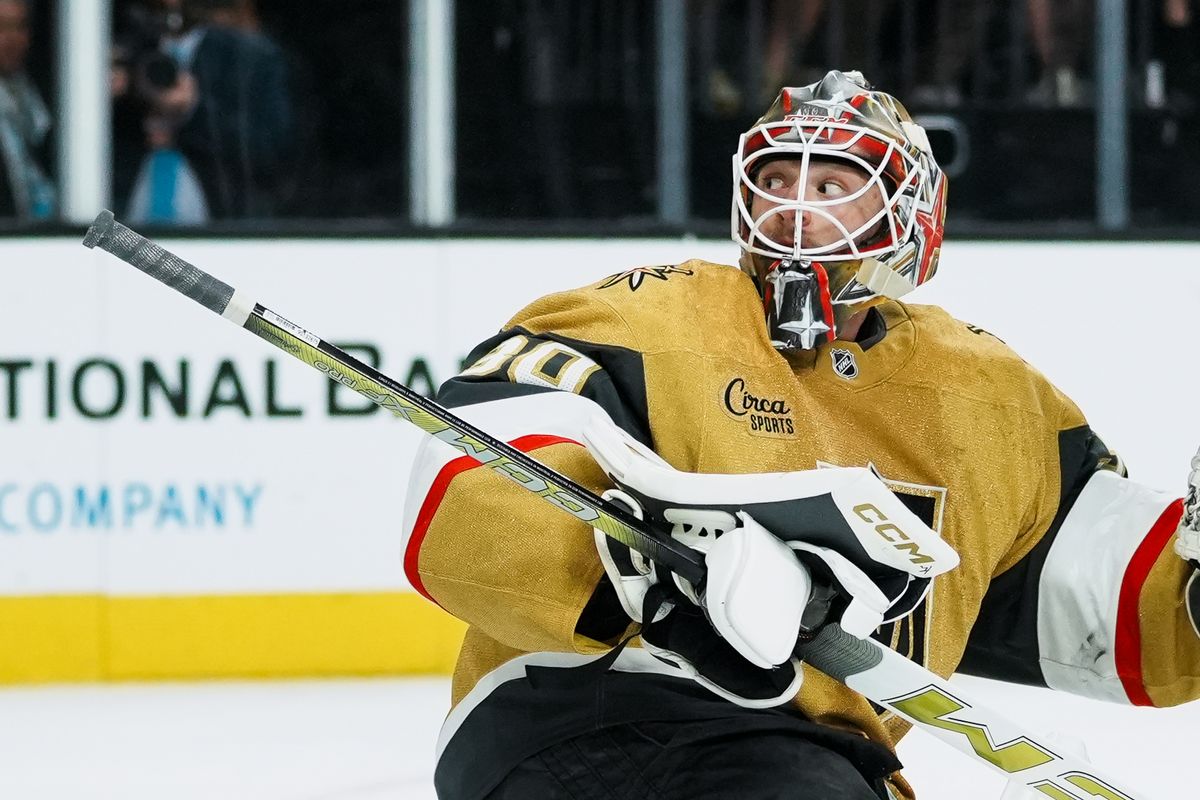 Vegas Golden Knights goalie Carl Lindborn (30) eyes the puckl during second period of NHL game against Tampa Bay Lightning on Tuesday, Nov. 6, 2025 at T-Mobile Arena in Las Vegas.