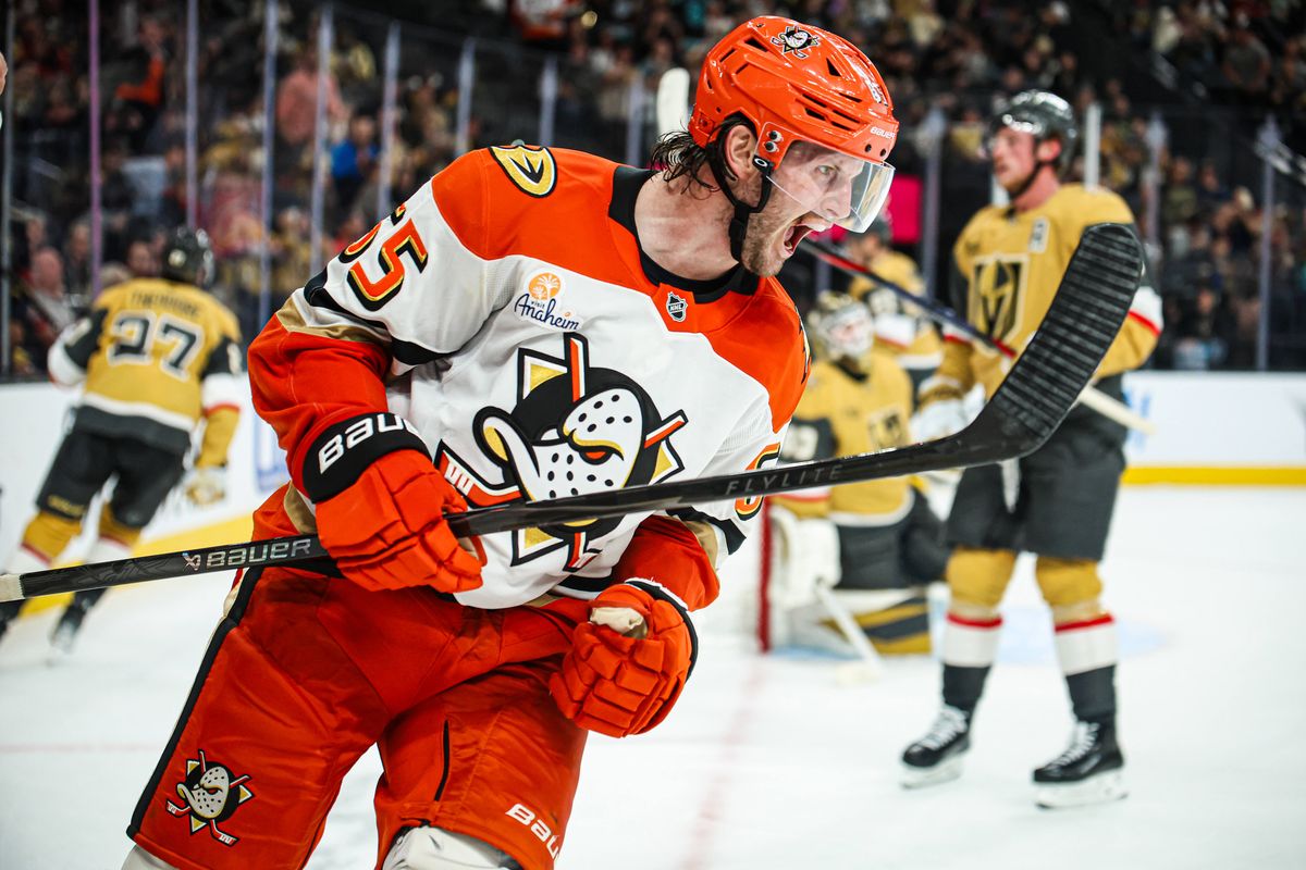 Anaheim Ducks D Jacob Trouba (65) celebrates after scoring the game winning goal in overtime against the Vegas Golden Knights on Saturday November 8, 2025, in Las Vegas, Nevada. 