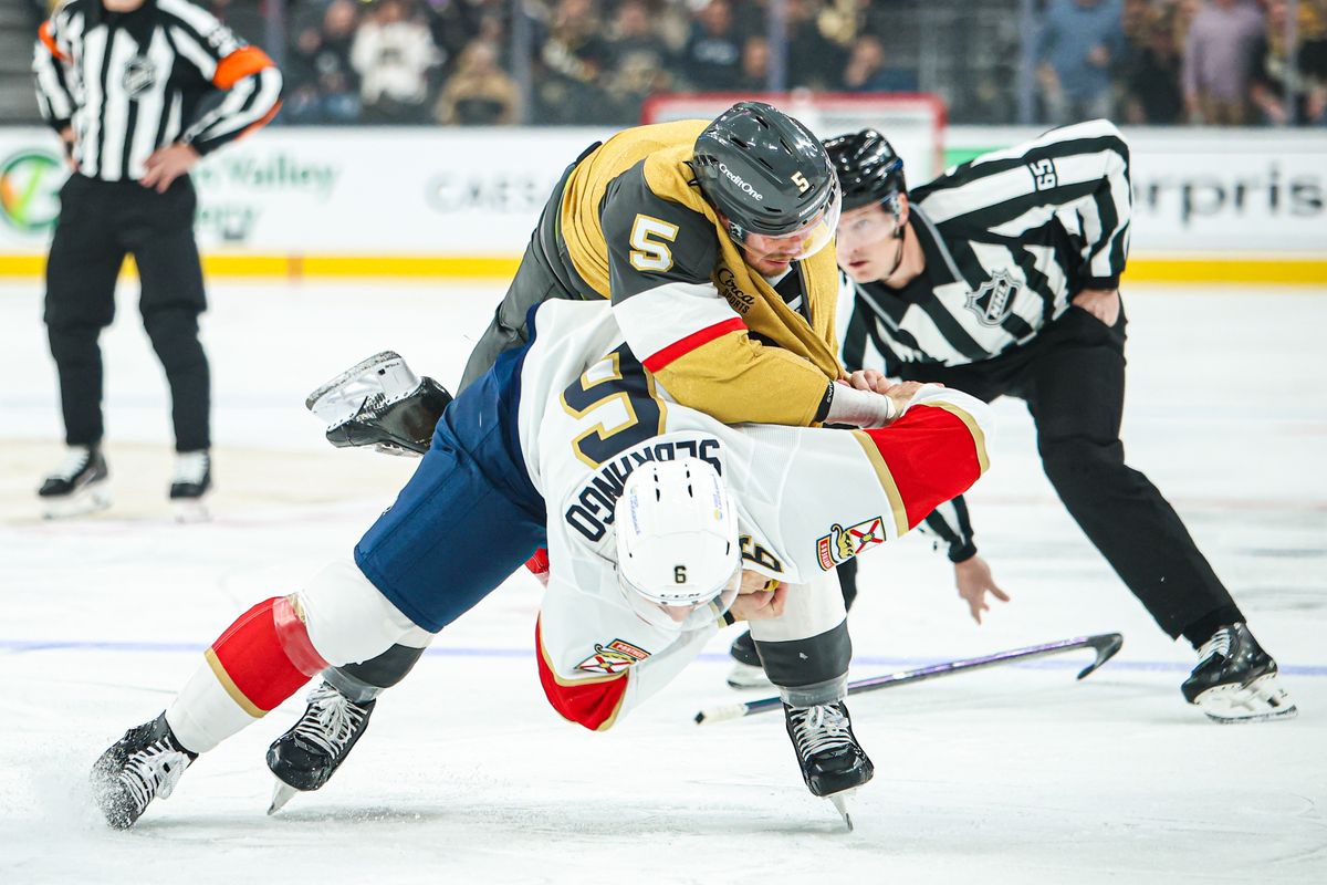 Vegas Golden Knights D Jeremy Lauzon (5) fights with Florida Panthers D Donovan Sebrango (6) during an NHL game on Monday November 10, 2025, in Las Vegas, Nevada. 