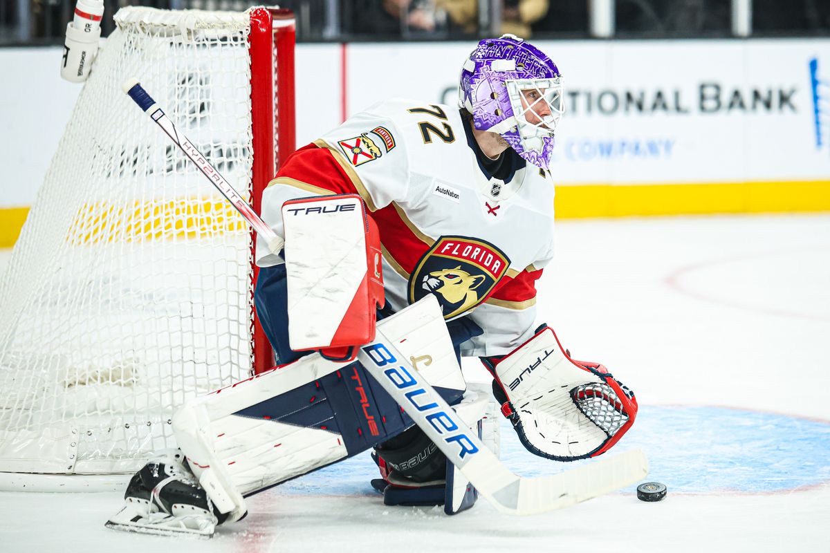 Florida Panthers G Sergei Bobrovsky (72) plays the puck during an NHL game against the Vegas Golden Knights on Monday November 10, 2025, in Las Vegas, Nevada. 