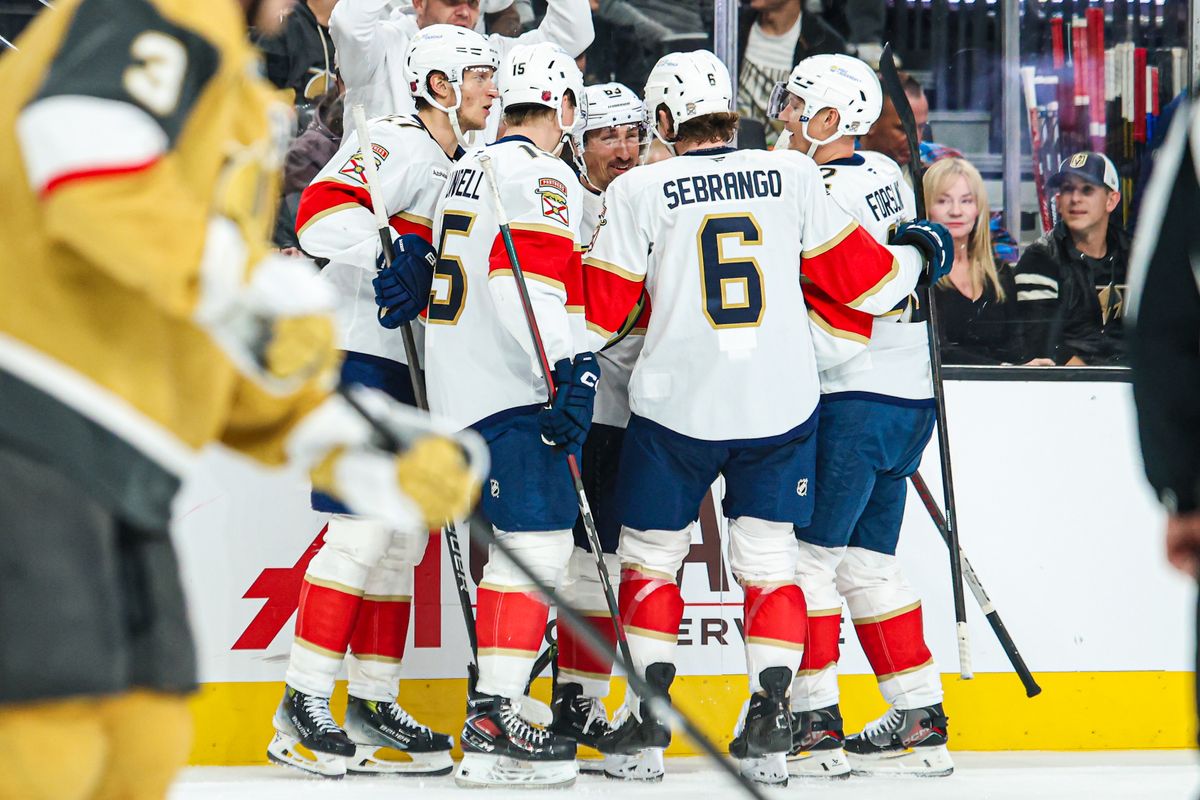Florida Panthers LW Brad Marchand (63) celebrates with his teammates after scoring a goal against the Vegas Golden Knights on Monday November 10, 2025, in Las Vegas, Nevada. 