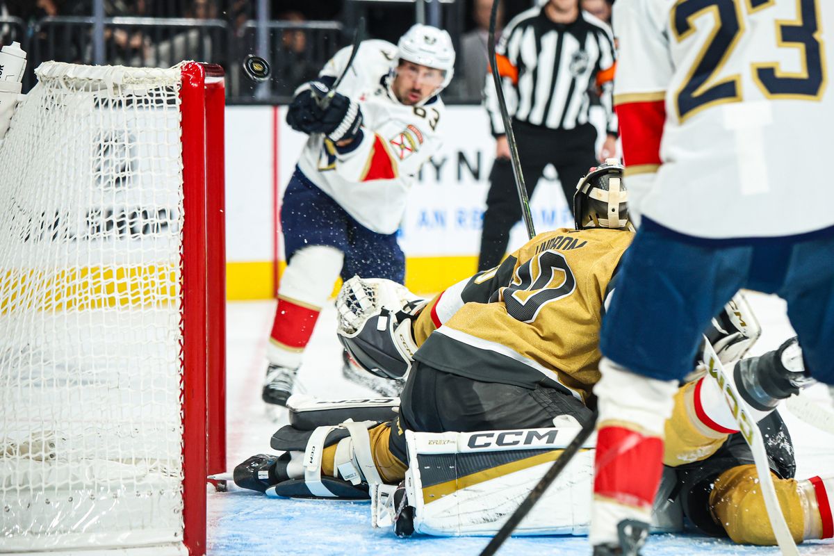 Florida Panthers LW Brad Marchand (63) shoots the puck past Vegas Golden Knights G Carl Lindbom (30) during an NHL game on Monday November 10, 2025, in Las Vegas, Nevada. 
