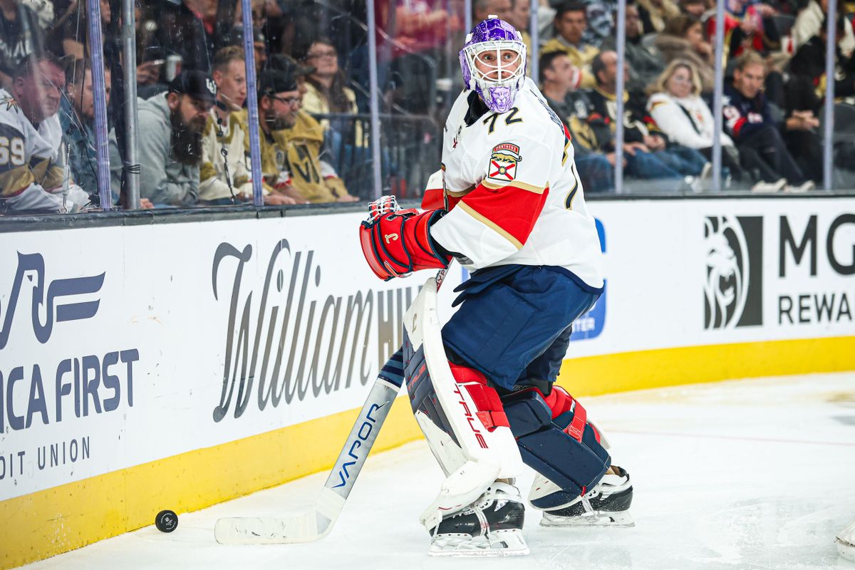 Florida Panthers G Sergei Bobrovsky (72) plays the puck behind the net during an NHL game against the Vegas Golden Knights on Monday November 10, 2025, in Las Vegas, Nevada. 