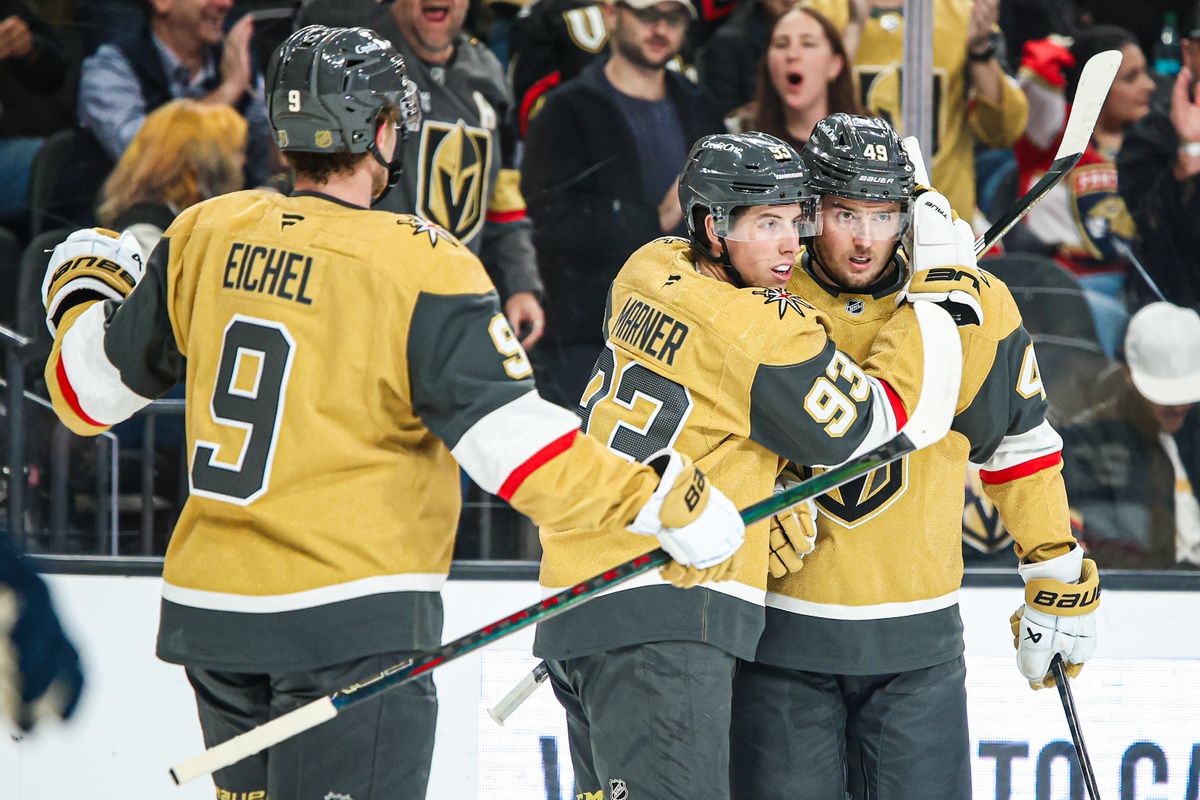 Vegas Golden Knights F Ivan Barbashev (49) celebrates with his teammate Vegas Golden Knights F Mitch Marner (93) after scoring a goal against the Florida Panthers on Monday November 10, 2025, in Las Vegas, Nevada. 
