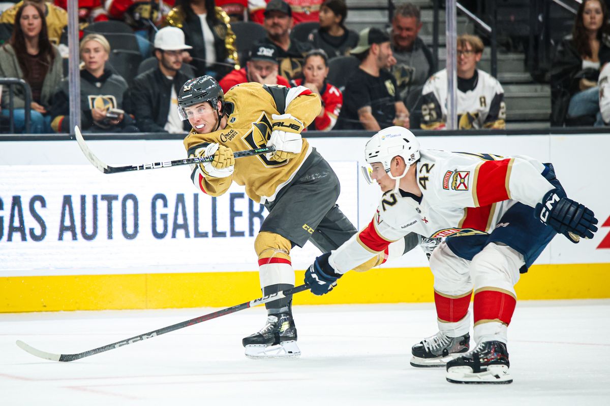 Vegas Golden Knights F Mitch Marner (93) shoots the puck during an NHL game against the Florida Panthers on Monday November 10, 2025, in Las Vegas, Nevada. 