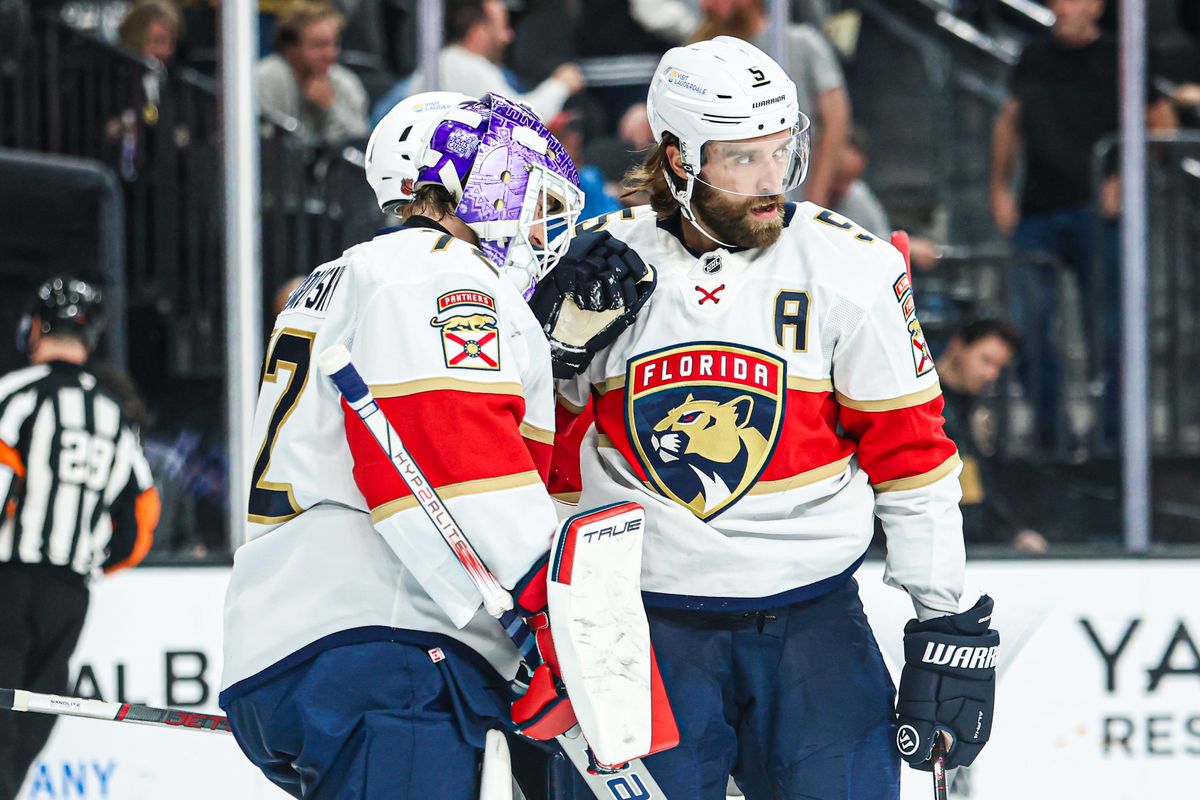 Florida Panthers G Sergei Bobrovsky (72) and D Aaron Ekblad (5) are seen after defeating the Vegas Golden Knights on Monday November 10, 2025, in Las Vegas, Nevada. 