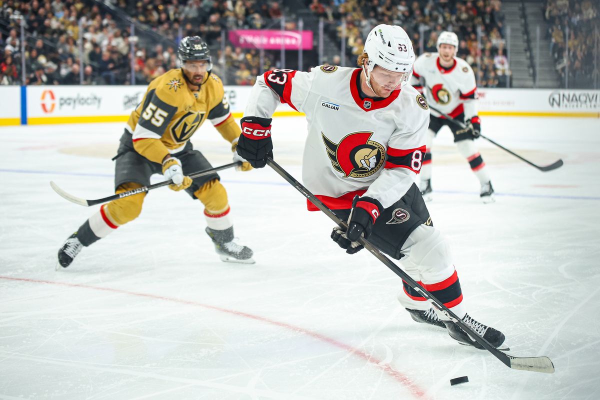  Ottawa Senators F Stephen Halliday (83) skates with the puck during an NHL game against the Vegas Golden Knights on Wednesday November 26, 2025, in Las Vegas, Nevada. 