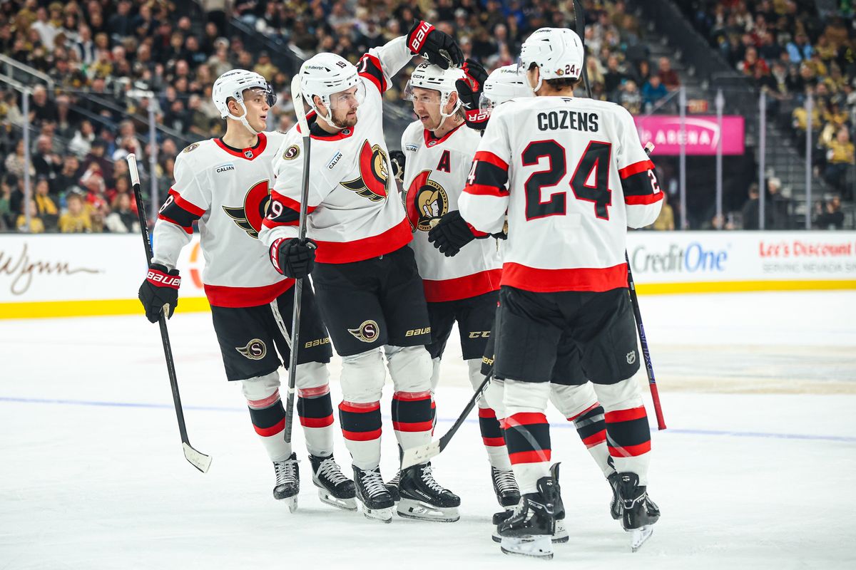 Ottawa Senators D Jake Sanderson (85) celebrates with his teammates after scoring a power play goal against the Vegas Golden Knights on Wednesday November 26, 2025, in Las Vegas, Nevada.