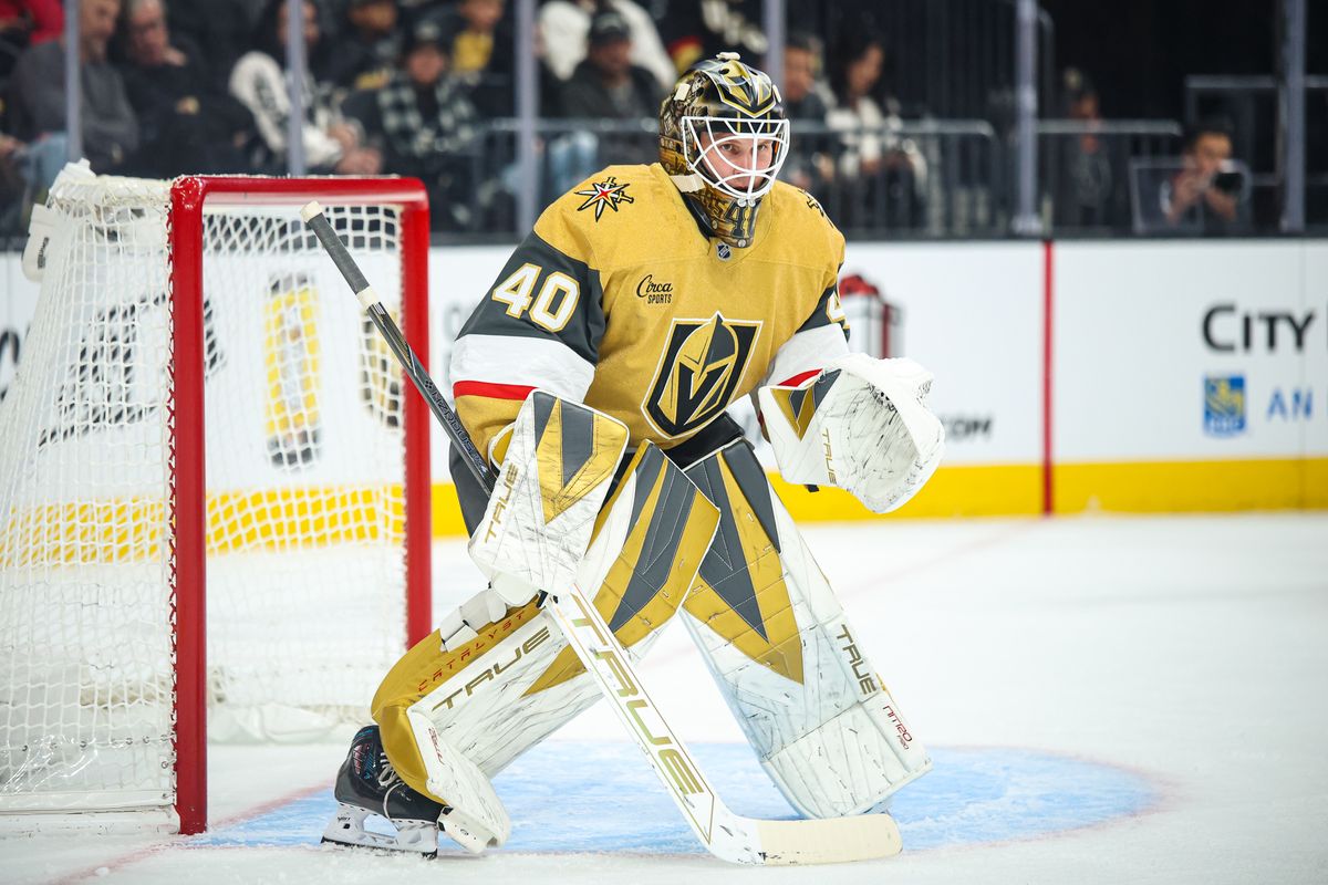 Vegas Golden Knights G Akira Schmid (40) watches the puck during an NHL game against the Ottawa Senators on Wednesday November 26, 2025, in Las Vegas, Nevada. 