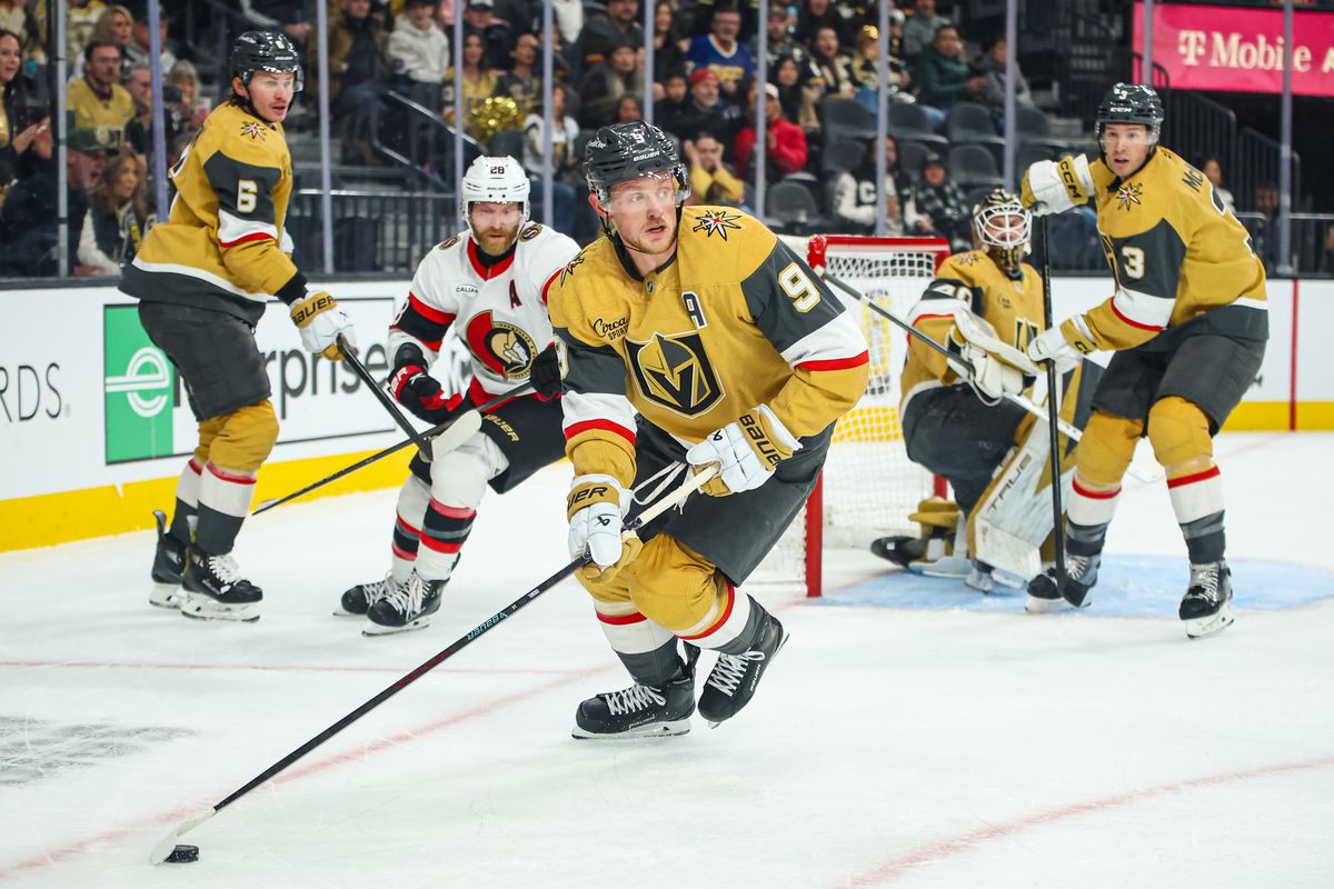 Vegas Golden Knights F Jack Eichel (9) looks to pass the puck during an NHL game against the Ottawa Senators on Wednesday November 26, 2025, in Las Vegas, Nevada. 