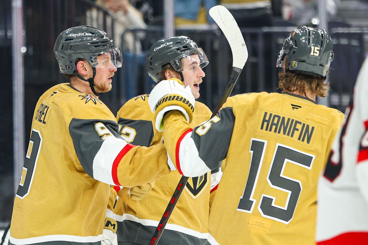 Vegas Golden Knights F Jack Eichel (9) celebrates after scoring a goal with his teammates F Braeden Bowman (42) and D Noah Hanifin (15) during an NHL game against the Ottawa Senators on Wednesday November 26, 2025, in Las Vegas, Nevada. 