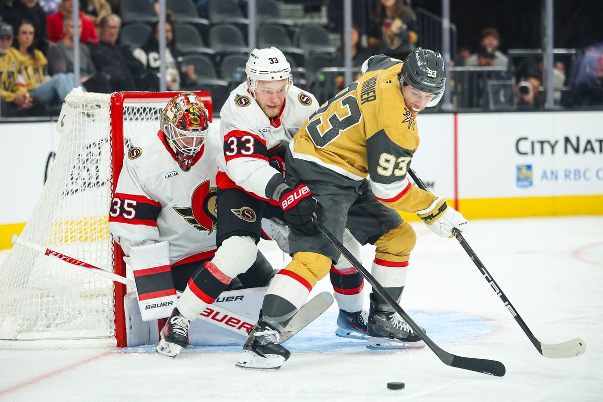 Vegas Golden Knights F Mitch Marner (93) handles the puck in front of the net during an NHL game against the Ottawa Senators on Wednesday November 26, 2025, in Las Vegas, Nevada. 
