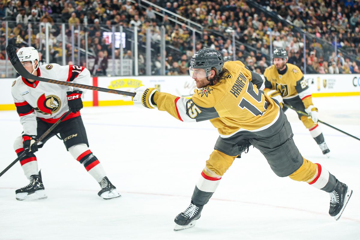  Vegas Golden Knights D Noah Hanifin (15) shoots the puck during an NHL game against the Ottawa Senators on Wednesday November 26, 2025, in Las Vegas, Nevada. 