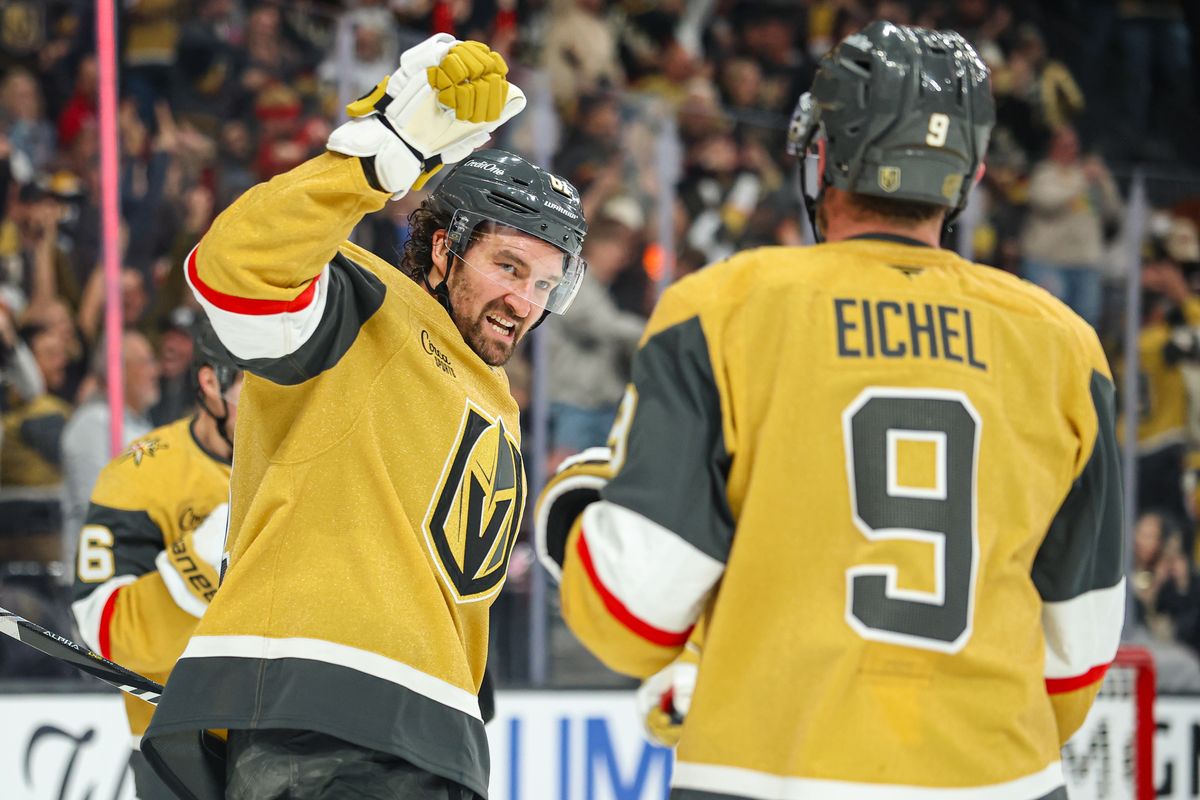  Vegas Golden Knights F Mark Stone (61) celebrates with his teammate F Jack Eichel (9) during an NHL game against the Ottawa Senators on Wednesday November 26, 2025, in Las Vegas, Nevada. 