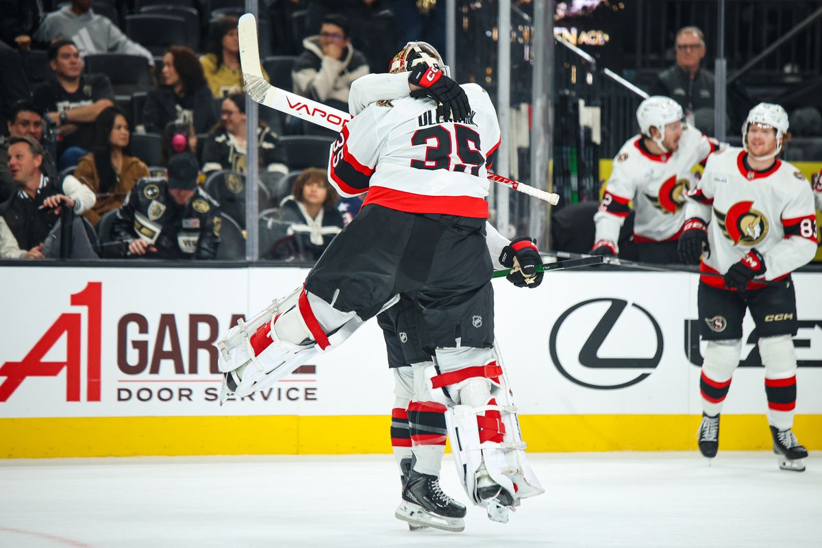 Ottawa Senators G Linus Ullmark (35) celebrates with his teammate after defeating the Vegas Golden Knights in a shootout on Wednesday November 26, 2025, in Las Vegas, Nevada. 