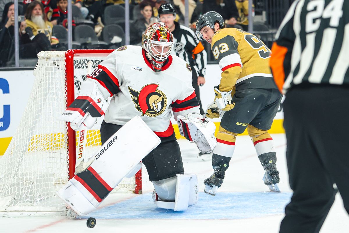 Ottawa Senators G Linus Ullmark (35) reacts after making the game winning save against Vegas Golden Knights F Mitch Marner (93) in the shootout on Wednesday November 26, 2025, in Las Vegas, Nevada. 