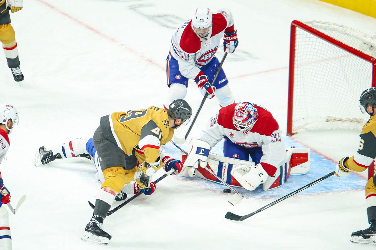 Montreal Canadiens G Samuel Montembeault (35) makes a save on Vegas Golden Knights F Tomas Hertl (48) on Friday November 28, 2025, in Las Vegas, Nevada. 