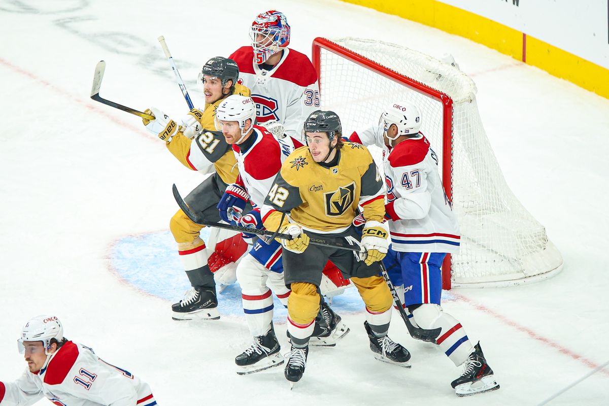 Multiple players for the Vegas Golden Knights and Montreal Canadiens battle for position in front of the net during an NHL game on Friday November 28, 2025, in Las Vegas, Nevada. 