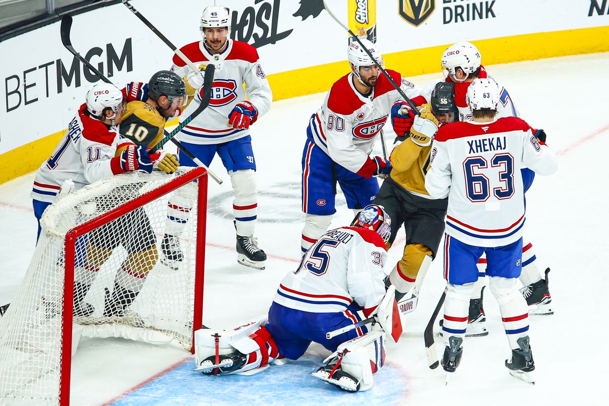 Vegas Golden Knights F Keegan Kolesar (55) and Montreal Canadiens D Arber Xhekaj (72) draw roughing penalties during an NHL game on Friday November 28, 2025, in Las Vegas, Nevada. 