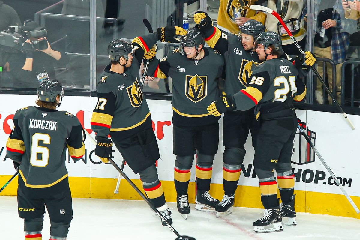 Vegas Golden Knights F Tomas Hertl (48) celebrates with his teammates after scoring a goal against the San Jose Sharks in the first period of an NHL game on Saturday November 29, 2025, in Las Vegas, Nevada. 
