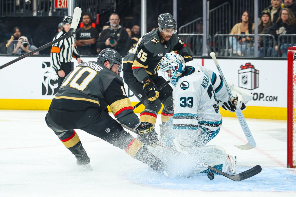 Vegas Golden Knights F Colton Sissons (10) scores a goal against San Jose Sharks G Alex Nedeljkovic (33) during an NHL game on Saturday November 29, 2025, in Las Vegas, Nevada. 