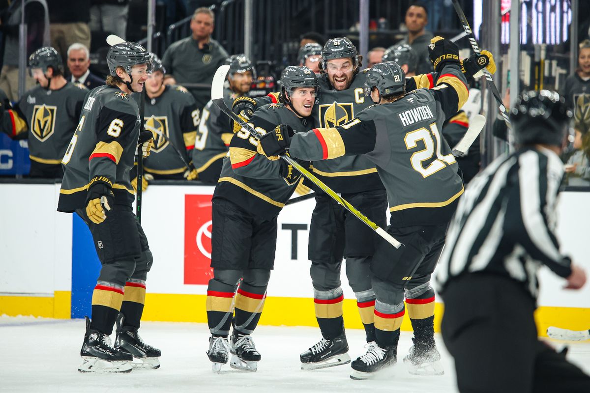 Vegas Golden Knights F Mitch Marner (93) celebrates with his teammates after scoring a goal against the San Jose Sharks on Saturday November 29, 2025, in Las Vegas, Nevada. 
