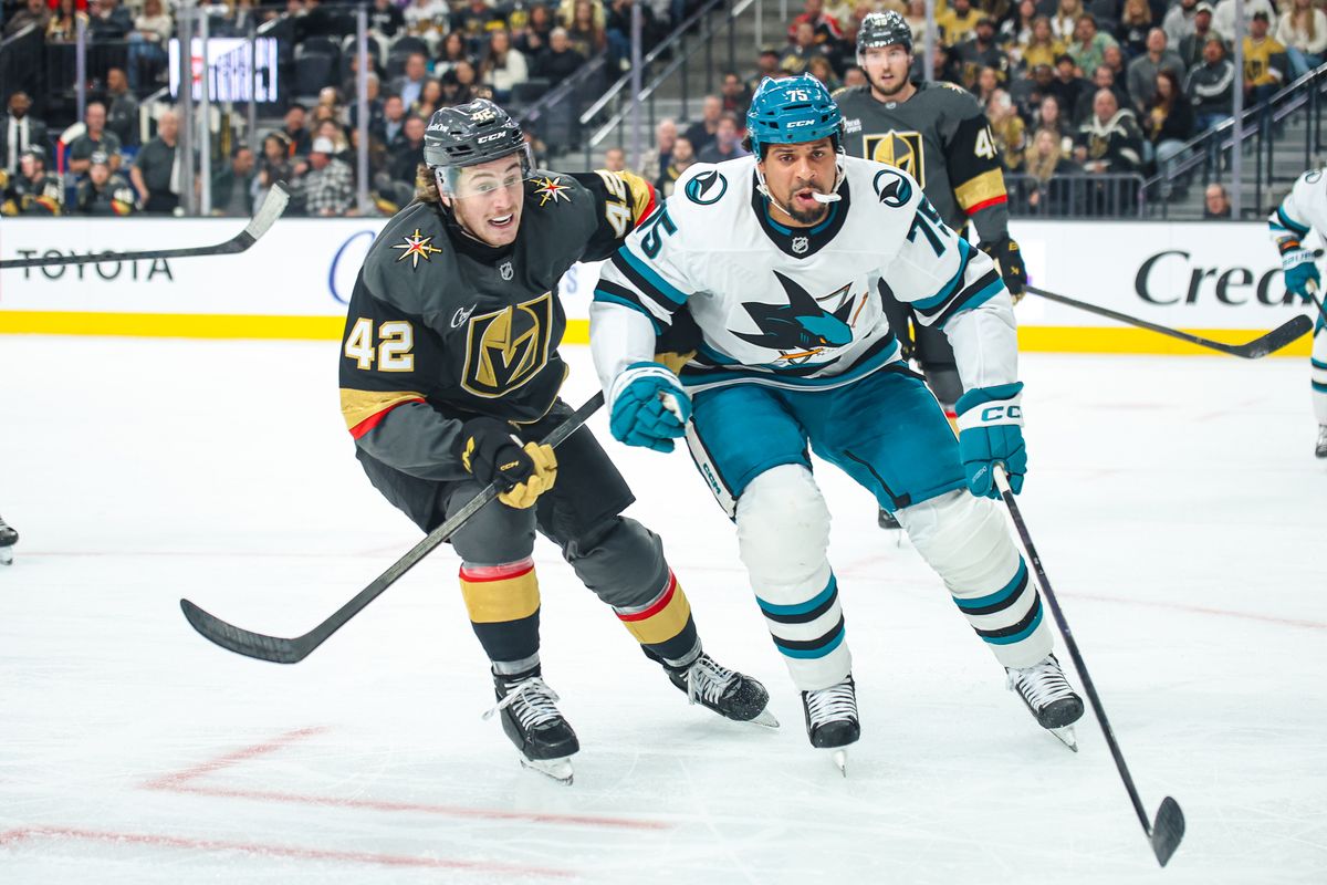 Vegas Golden Knights F Braeden Bowman (42) and San Jose Sharks F Ryan Reaves (75) react to a puck during an NHL game on Saturday November 29, 2025, in Las Vegas, Nevada. 