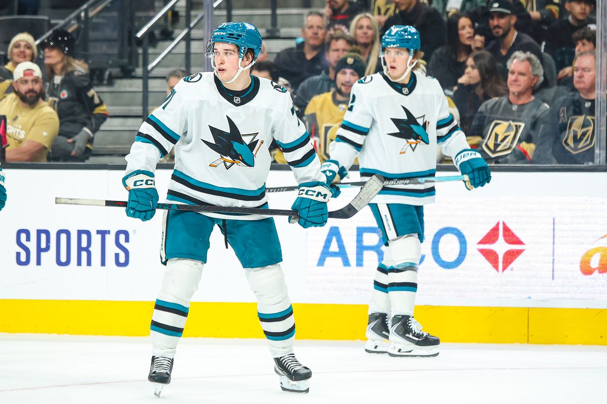 San Jose Sharks F Macklin Celebrini (71) and F Will Smith (2) seen prior to a faceoff in the third period of an NHL game against the Vegas Golden Knights on Saturday November 29, 2025, in Las Vegas, Nevada. 