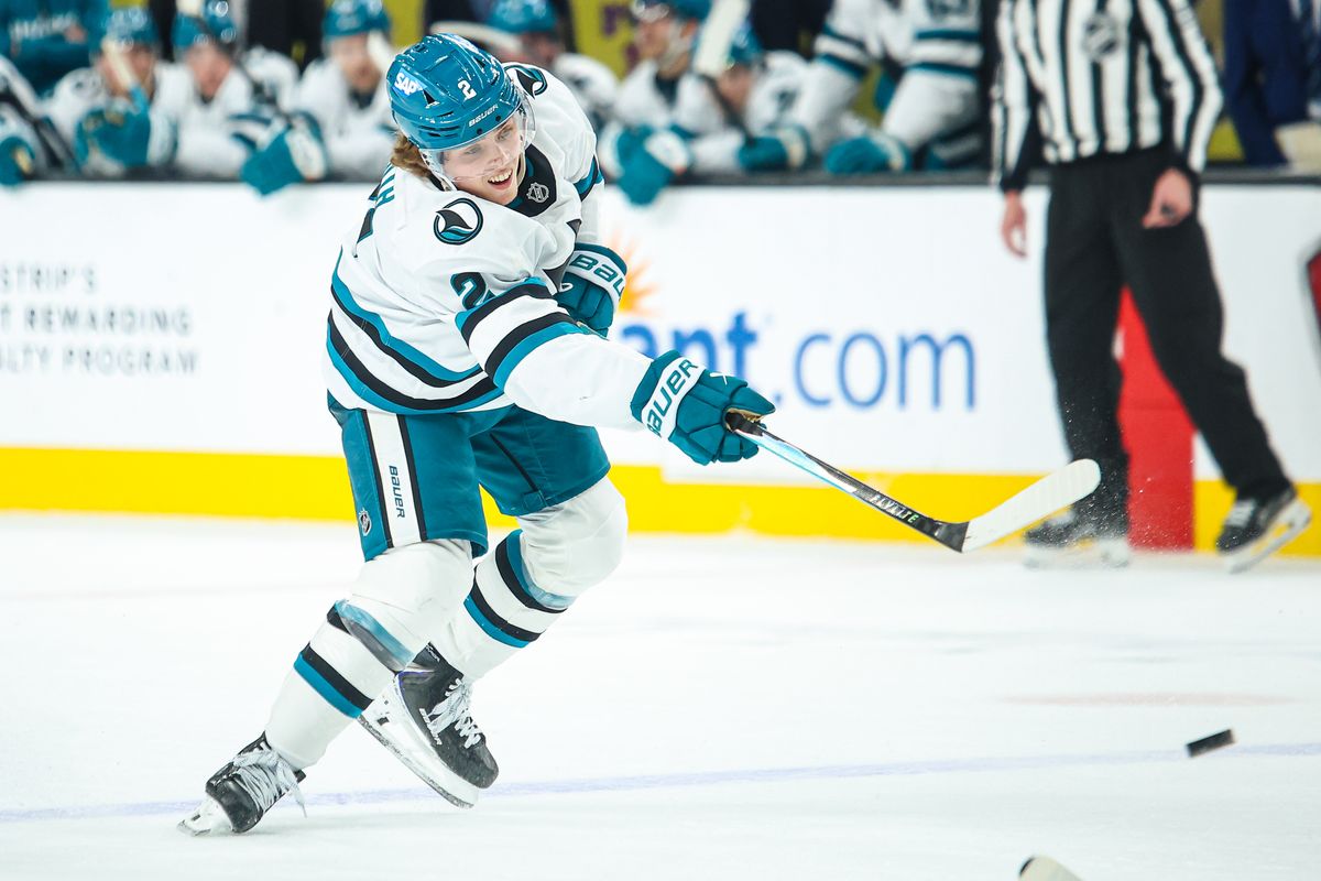 San Jose Sharks F Will Smith (2) shoots the puck on net during an NHL game against the Vegas Golden Knights on Saturday November 29, 2025, in Las Vegas, Nevada. 