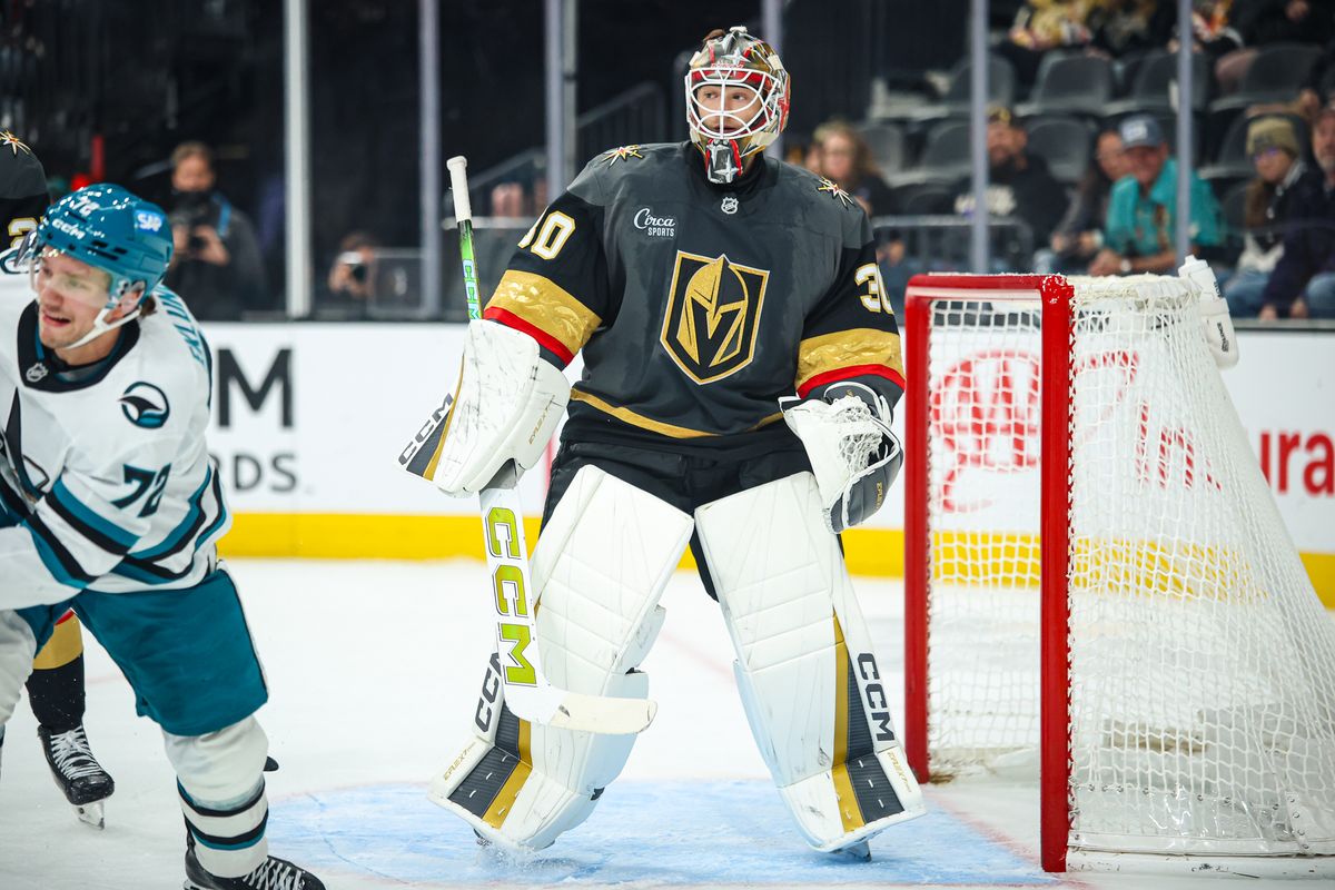 Vegas Golden Knights G Carl Lindbom (30) seen during the third period of an NHL game against the San Jose Sharks on Saturday November 29, 2025, in Las Vegas, Nevada. 