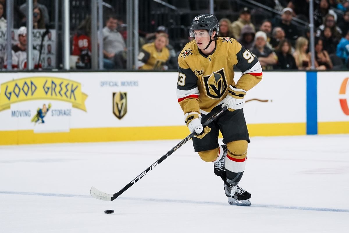 Golden Knights right wing Mitch Marner (93) skates the puck down the ice during third period of NHL game against New Jersey Devils on Wed., Dec. 17, 2025, at T-Mobile Arena in Las Vegas.