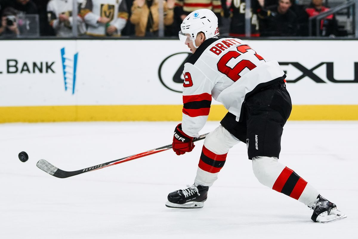 Devils left wing Jesper Bratt (63) shoots the puck during the shootout of NHL game against New Jersey Devils on Wed., Dec. 17, 2025, at T-Mobile Arena in Las Vegas.