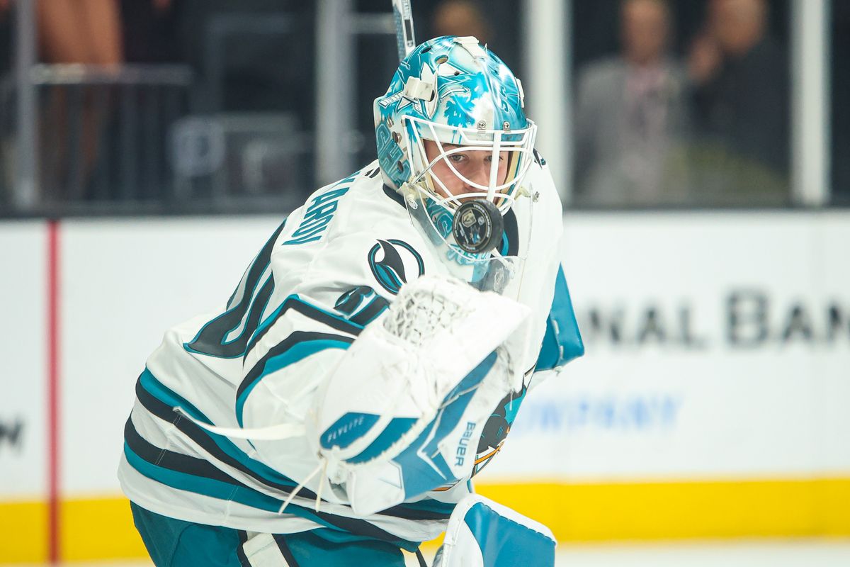San Jose Sharks G Yaroslav Askarov (30) watches the puck during pregame warmups against the Vegas Golden Knights on Tuesday December 23, 2025, in Las Vegas, Nevada. 