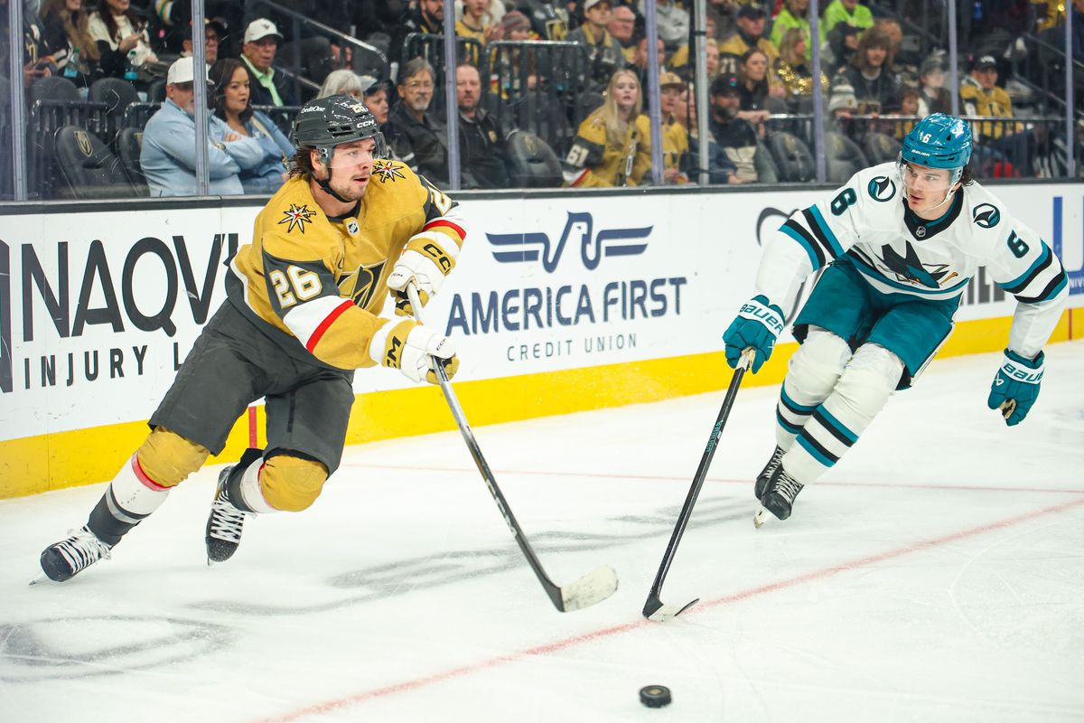 Vegas Golden Knights F Alexander Holtz (26) skates with the puck during an NHL game against the San Jose Sharks on Tuesday December 23, 2025, in Las Vegas, Nevada. 