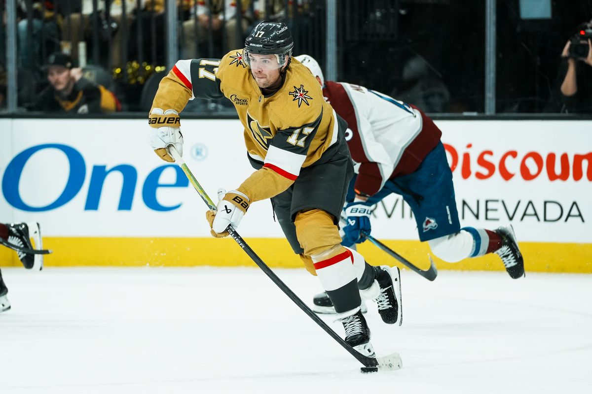 Vegas Golden Knights defenseman Ben Hunton (17) passes the puck to an awaiting teammate during third period of NHL game against Colorado Avalanche on Saturday, Dec. 27, 2025 at T-Mobile Arena in Las Vegas.
